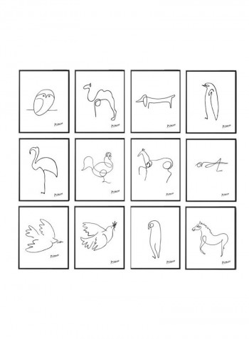 12-Piece Picasso Line Drawings Animal Sketches Poster With Frame White/Black 40x50cm