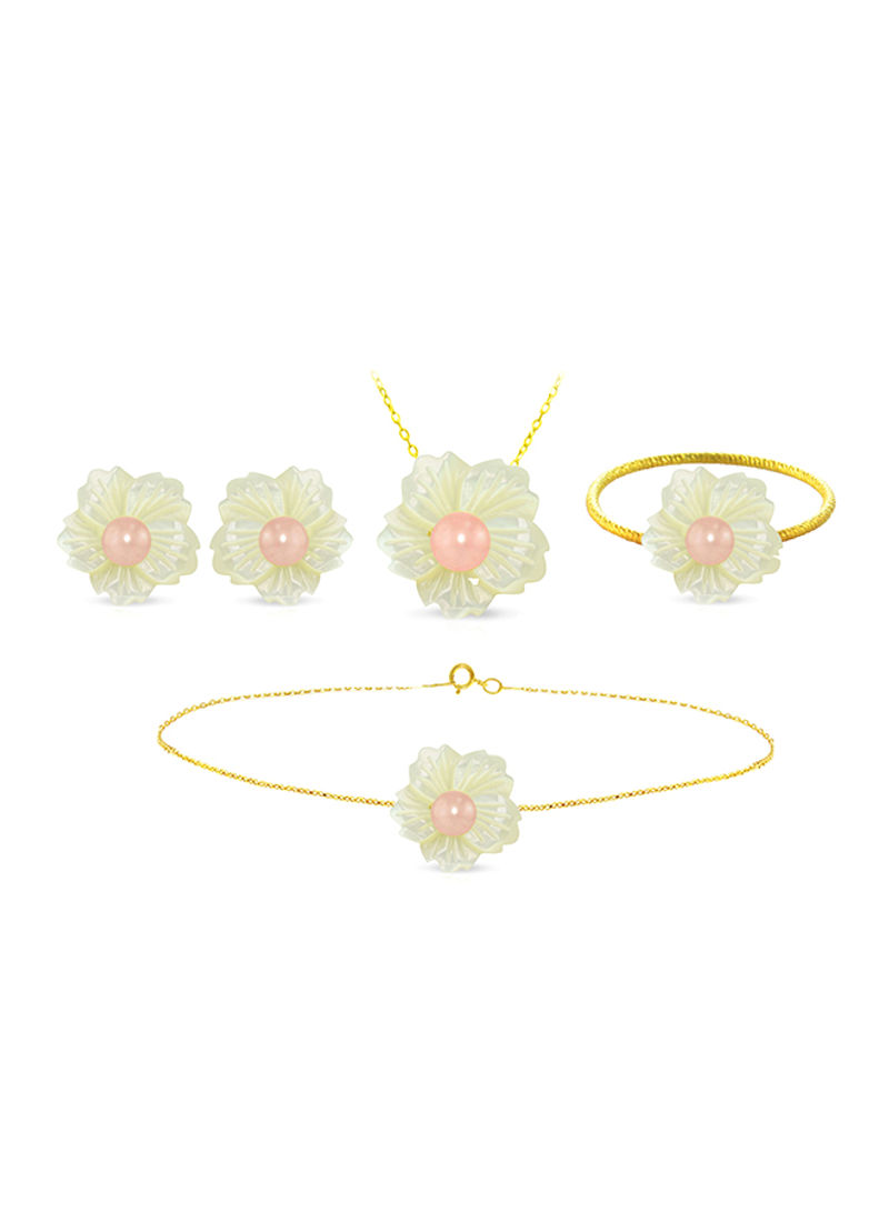 4-Piece18 Karat Solid Yellow Gold 19 mm Flower Shape Mother Of Pearl With 6-7 mm Pearl Jewellery