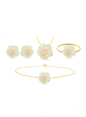 4-Piece18 Karat Solid Yellow Gold 19 mm Flower Shape Mother Of Pearl With 6-7 mm Pearl Jewellery