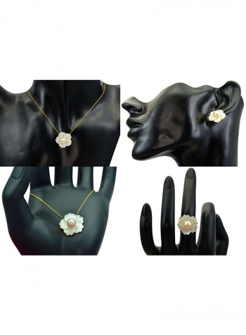 4-Piece18 Karat Solid Yellow Gold 19 mm Flower Shape Mother Of Pearl With 6-7 mm Pearl Jewellery