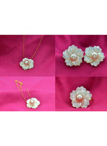 4-Piece18 Karat Solid Yellow Gold 19 mm Flower Shape Mother Of Pearl With 6-7 mm Pearl Jewellery