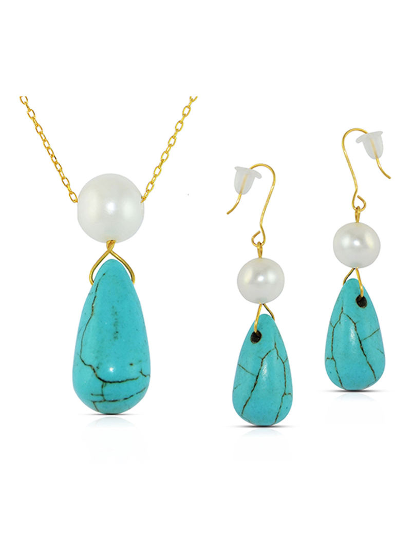 10K Gold Pearl And Turquoise Necklace Set