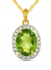18K Gold Genuine Diamond Oval Cut Peridot Pendant Necklace 0.12 Carat