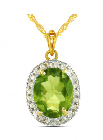 18K Gold Genuine Diamond Oval Cut Peridot Pendant Necklace 0.12 Carat