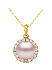18 Karat Solid Gold 0.10 Carat Genuine Diamonds And 6-7 mm Pearl Pendant Necklace