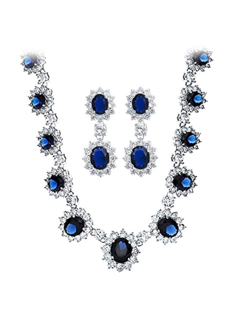 Silver Plated Brass Cubic Zirconia Studded Jewelry Set Clear/Blue/Silver