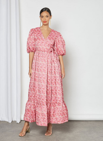 Puffed Sleeve Wrap Dress Pink