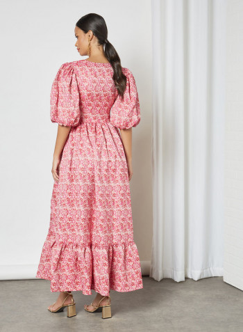 Puffed Sleeve Wrap Dress Pink