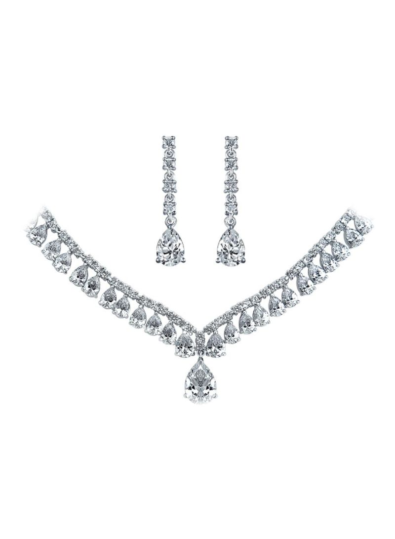 Rhodium Plated Brass Cubic Zirconia Studded Necklace And Earrings Set