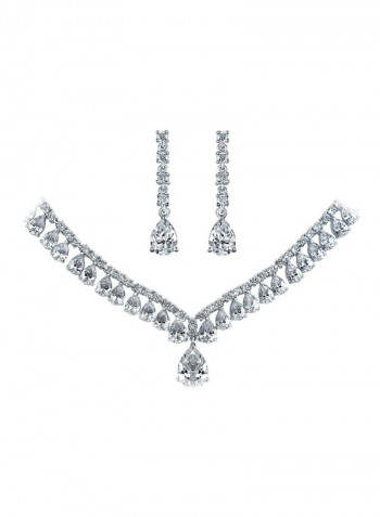 Rhodium Plated Brass Cubic Zirconia Studded Necklace And Earrings Set