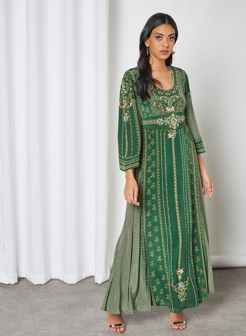 Floral Geomectric Print Kaftan Dress Green