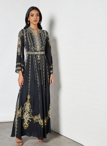 Indian Jewel Print Kaftan Dress Black