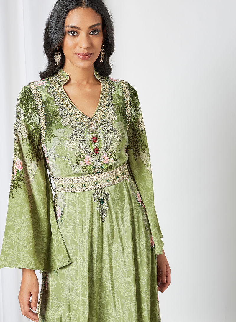 Victorian Print Kaftan Dress Green