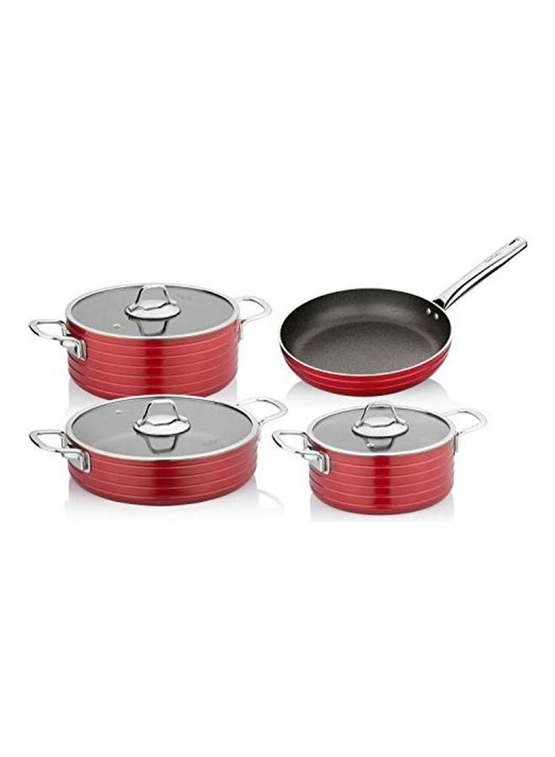 7-Piece Cookware Set Red/Clear/Silver 1 Deep Pan (20cm), 1 Deep Pot (24cm), 1 Pot (26cm), 1 Frying Pan (26cm)