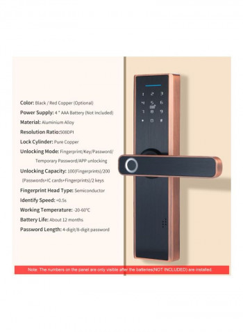 Fingerprint Security Door Lock Red Copper/Black 24x14.4x7centimeter