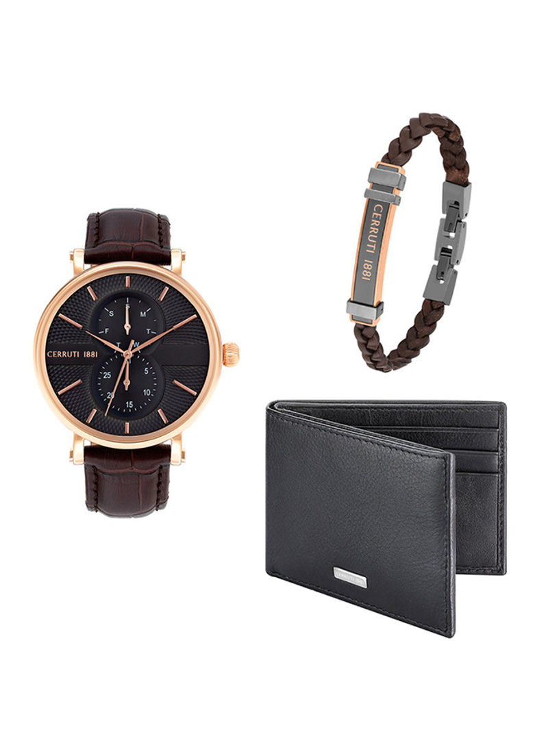 Watch With Leather Bracelet and Leather Wallet Set Multicolour