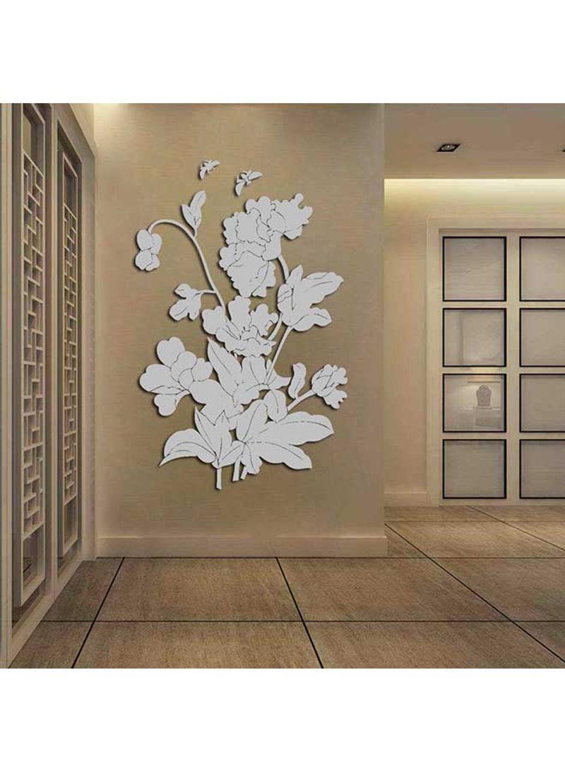 1-Piece Flower And Butterfly Mirror Wall Sticker Silver