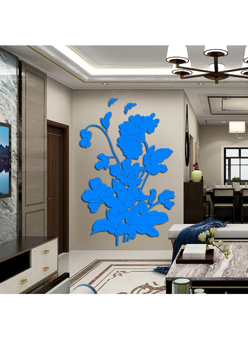 Flower and Butterfly Mirror Surface Wall Sticker Blue