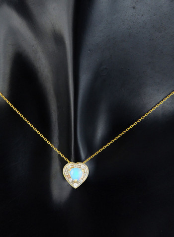 18K Solid Gold And 0.08Cts Diamonds And 5mm Genuine Ethiopian Opal Heart Necklace