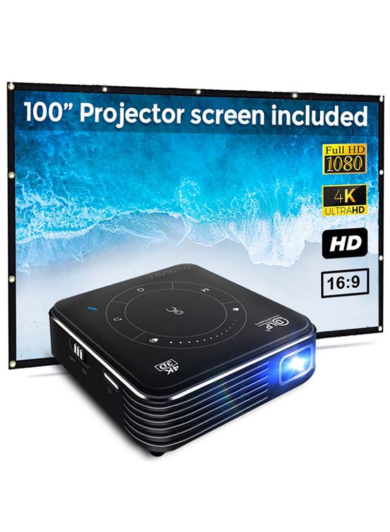 Mini DLP Android Projector 4K 4/32GB 50 ANSI Lumens with 100-Inch Projector Screen PROJ-WO-14-B_SCR-03 Black