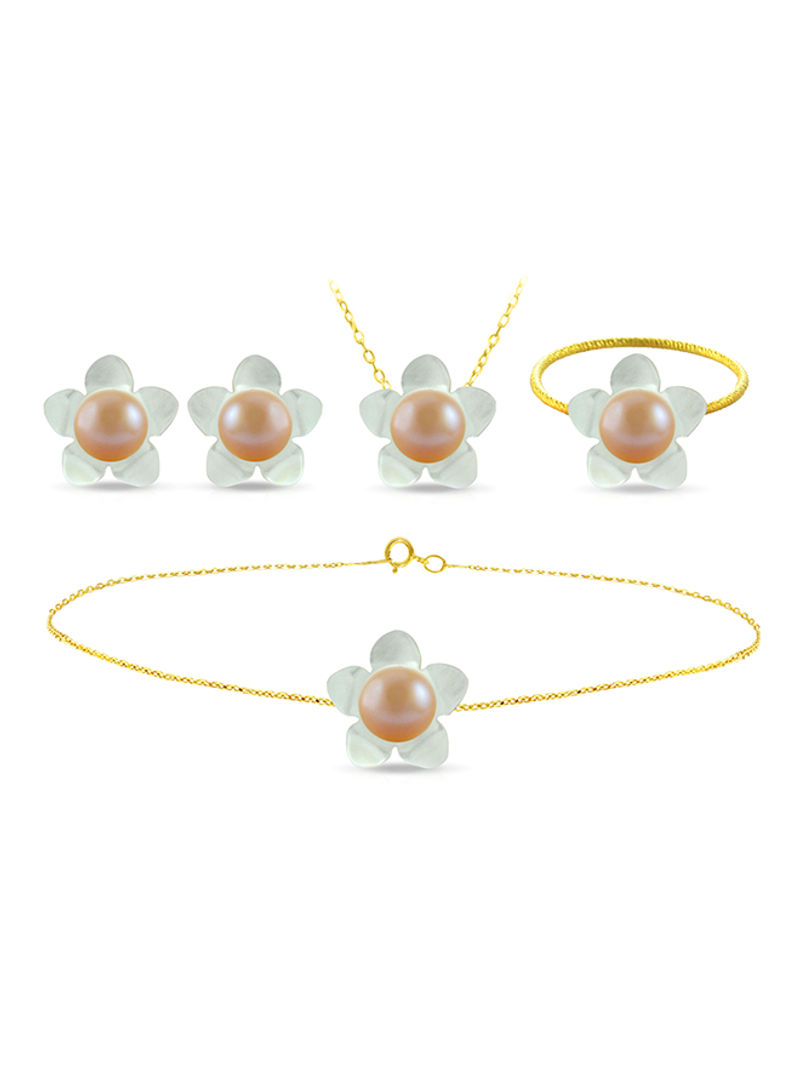 18 Karat Solid Yellow Gold 13 mm Mother Of Pearl Flower Shape With 7 mm Pearl Jewellery Set