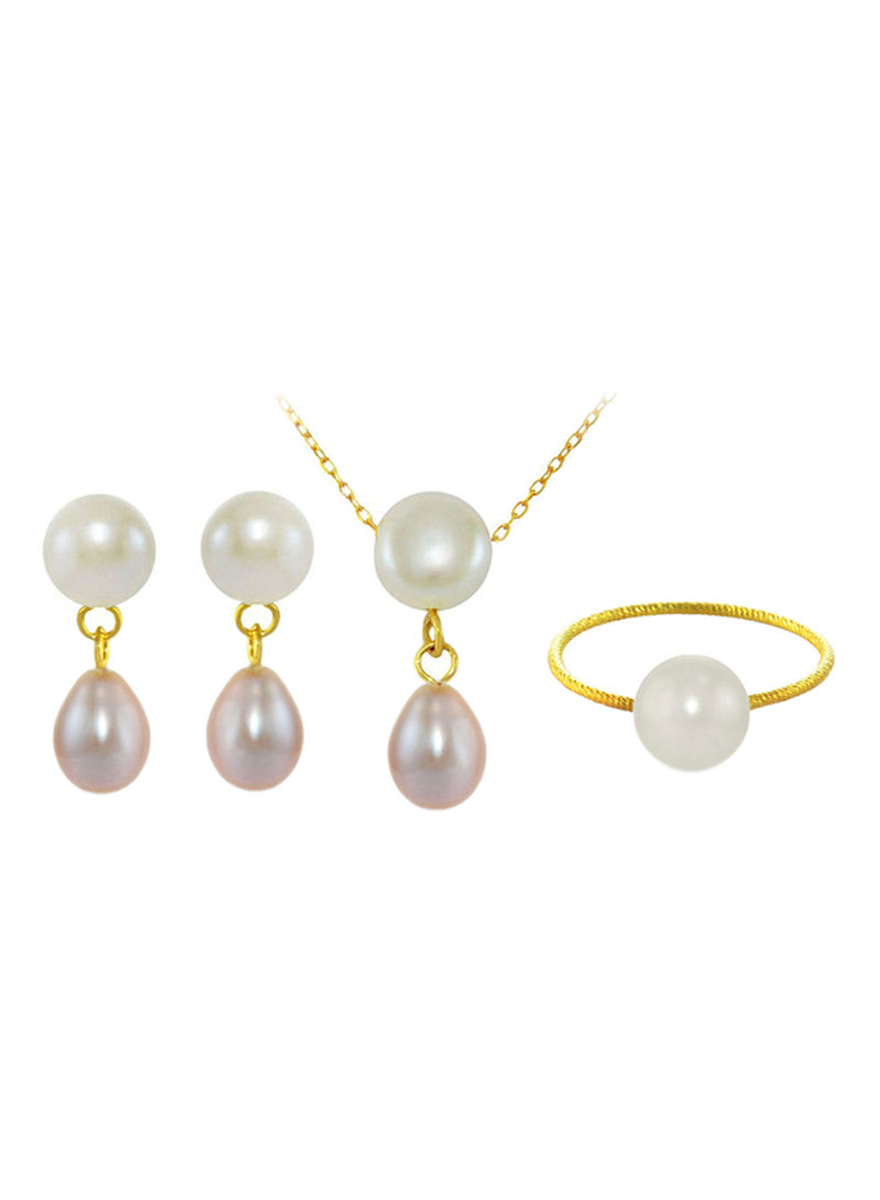 Set of 3 18 Karat Gold Button Pearl Drop Necklace Earrings and Ring