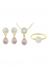 Set of 3 18 Karat Gold Button Pearl Drop Necklace Earrings and Ring