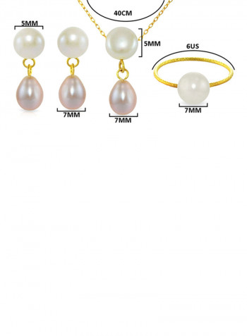 Set of 3 18 Karat Gold Button Pearl Drop Necklace Earrings and Ring