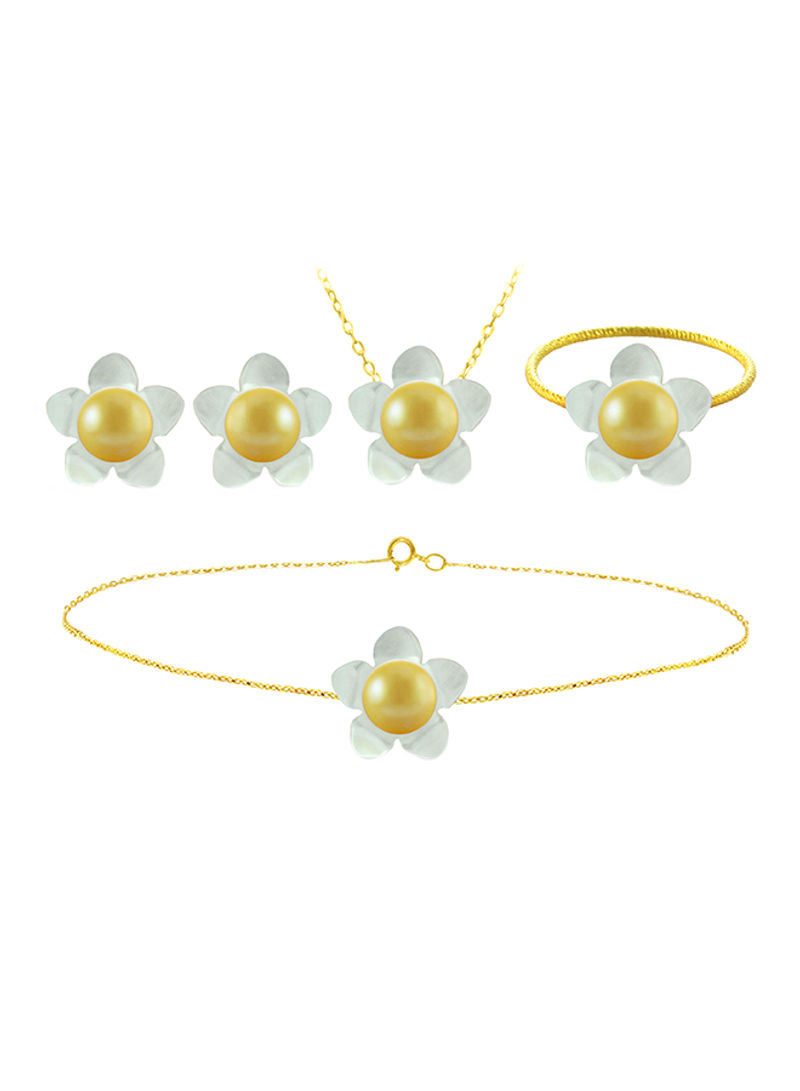 Set of 4 18 Karat Gold Mother Of Pearl Flower Design With Pearl Necklace, Bracelet, Earrings and Ring
