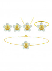 Set of 4 18 Karat Gold Mother Of Pearl Flower Design With Pearl Necklace, Bracelet, Earrings and Ring