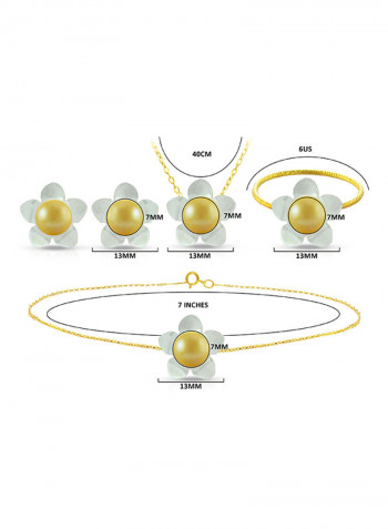 Set of 4 18 Karat Gold Mother Of Pearl Flower Design With Pearl Necklace, Bracelet, Earrings and Ring