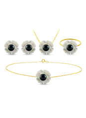 Set of 3 18 Karat Gold Mother Of Pearl Flower Design With Pearl Necklace, Bracelet and Earrings