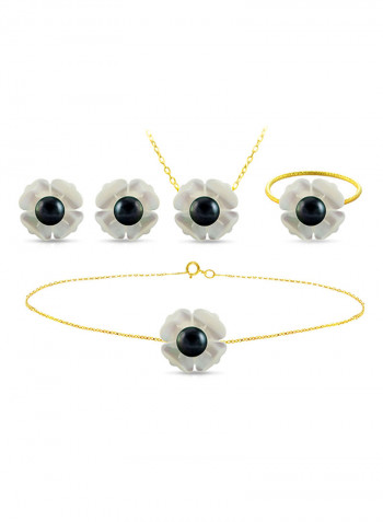 Set of 3 18 Karat Gold Mother Of Pearl Flower Design With Pearl Necklace, Bracelet and Earrings