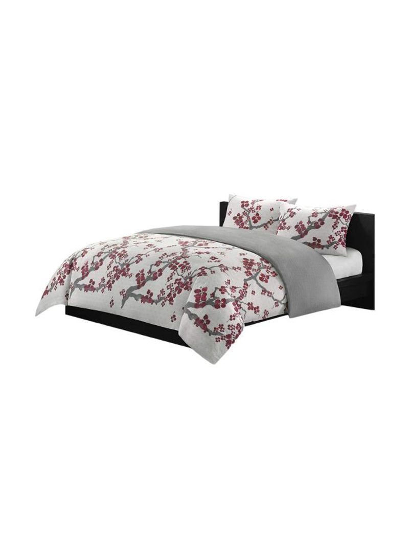 3-Piece Cotton Bed Comforter Cover Set White/Grey/Red Queen