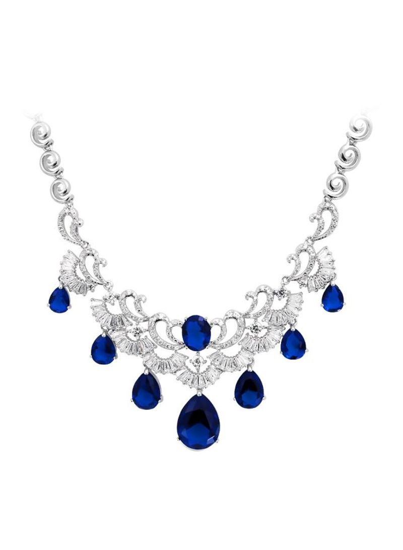 Rhodium Plated Brass Cubic Zirconia And Sapphire Studded Teardrop Necklace