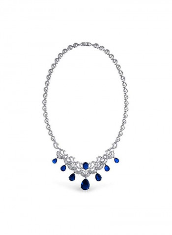 Rhodium Plated Brass Cubic Zirconia And Sapphire Studded Teardrop Necklace