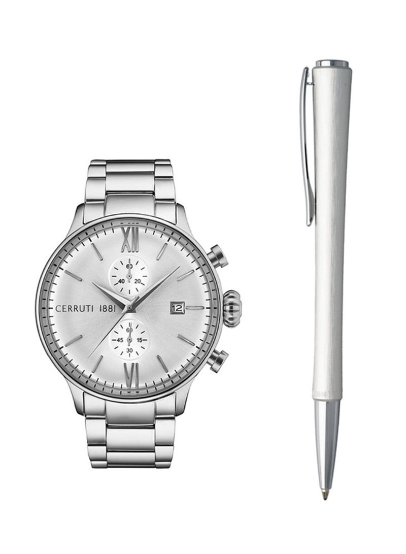 Exclusive Set Box by Cerruti 1881 Includes Watch with Silver Dial and Silver Bracelet and Includes Silver and Chrome Pen