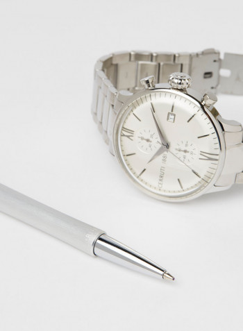 Exclusive Set Box by Cerruti 1881 Includes Watch with Silver Dial and Silver Bracelet and Includes Silver and Chrome Pen