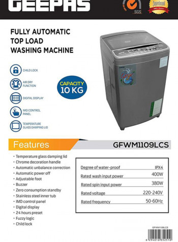 Fully Auto TopLoad Washing Machine 10 l GFWM1109LCS Grey