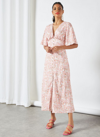 Printed V-Neck Dress Pink