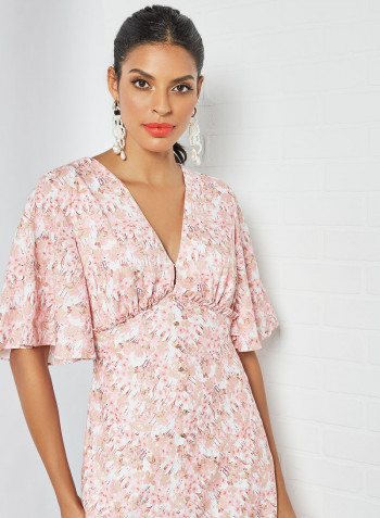 Printed V-Neck Dress Pink