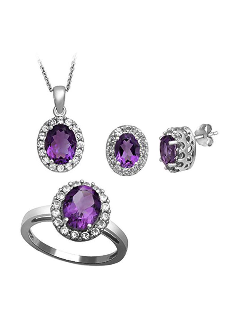 Sterling Silver Amethyst And Sapphire Studded Pendant Necklace And Earrings With Ring Set
