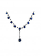 Rhodium Plated Brass Cubic Zirconia And Sapphire Studded Teardrop Necklace