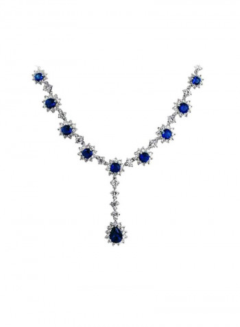 Rhodium Plated Brass Cubic Zirconia And Sapphire Studded Teardrop Necklace