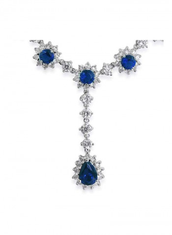 Rhodium Plated Brass Cubic Zirconia And Sapphire Studded Teardrop Necklace
