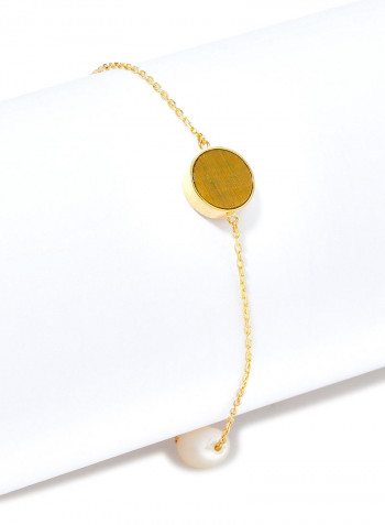 18 Karat Gold Tiger Eye And Pearl Two Stone Bracelet