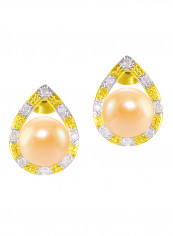18 Karat Solid Gold 0.16 Carat Diamonds With 7 mm Pearl Drop Earrings