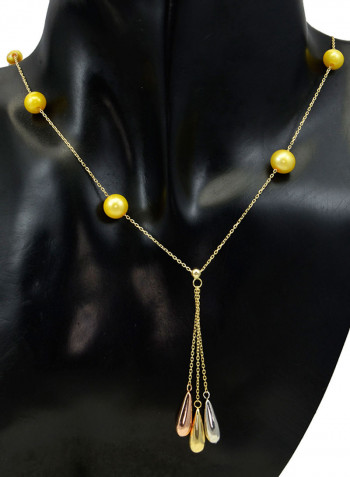 18 Karat Solid 3 Tone Gold Gradual Built In Pearl With Drop Pendant Necklace