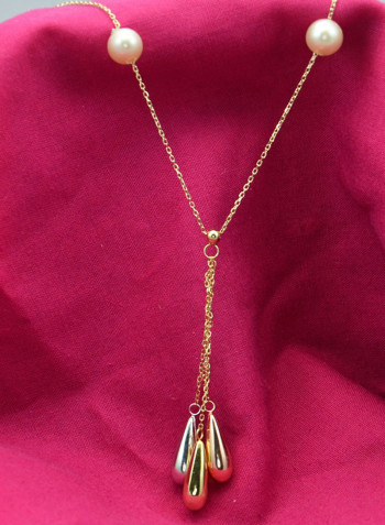 18 Karat Solid 3 Tone Gold Gradual Built In Pearl With Drop Pendant Necklace