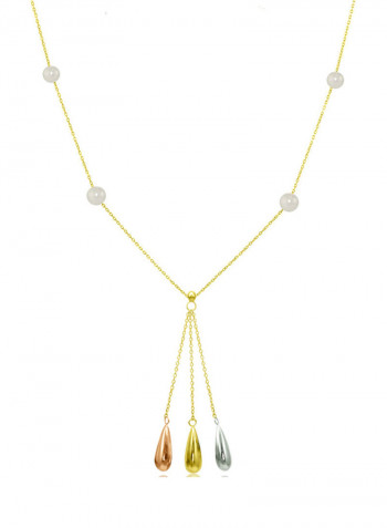 18 Karat Solid 3 Tone Gold Gradual Built In Pearl With Drop Pendant Necklace